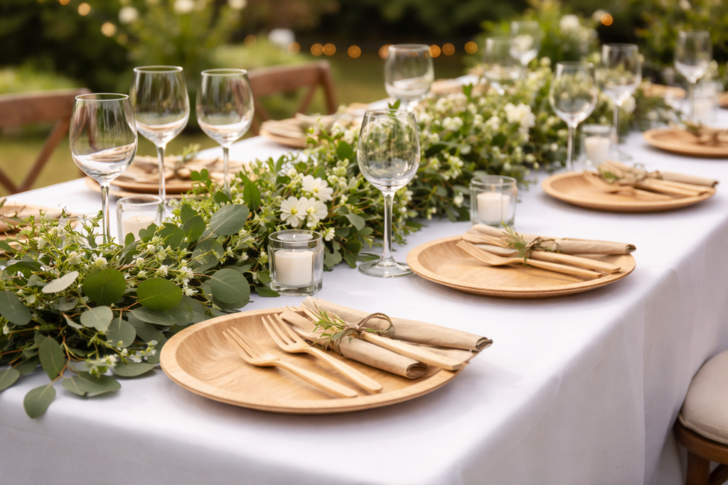 Eco friendly disposable plates wedding setup using bamboo plates